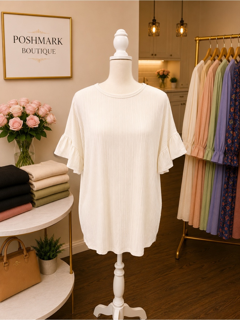 White Birch 1X White Ribbed Flutter Sleeve Twist Back Top Plus